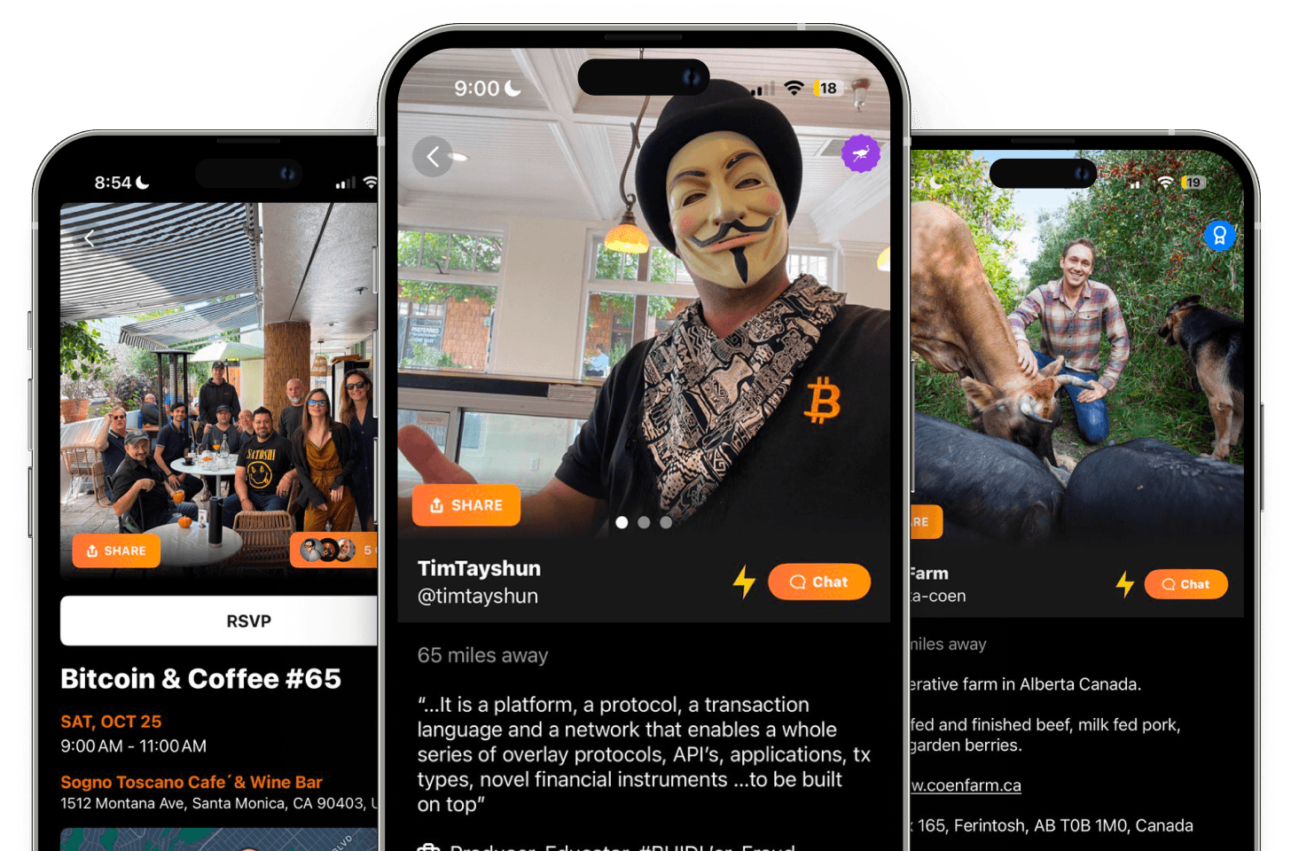 Three phones showing Club Orange profiles and events